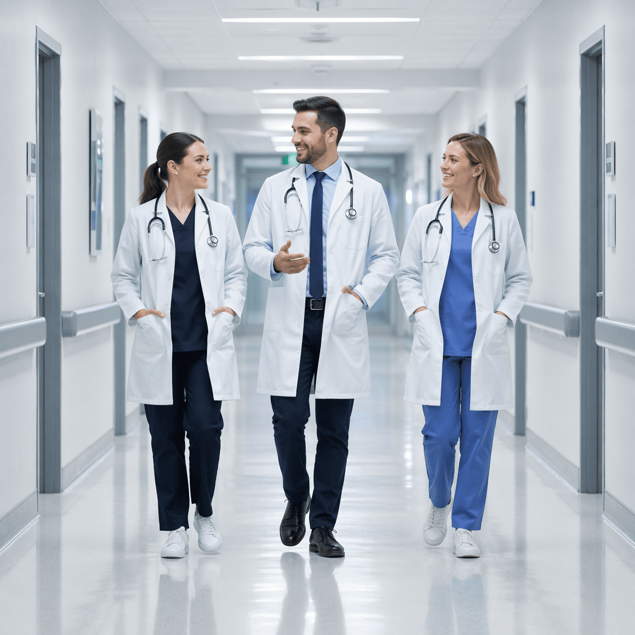 Modern high-tech hospital corridor with doctors